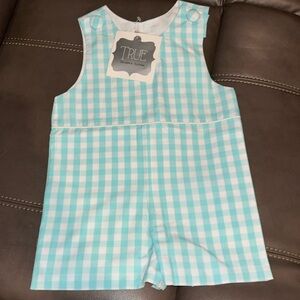 One piece, teal white gingham, check romper